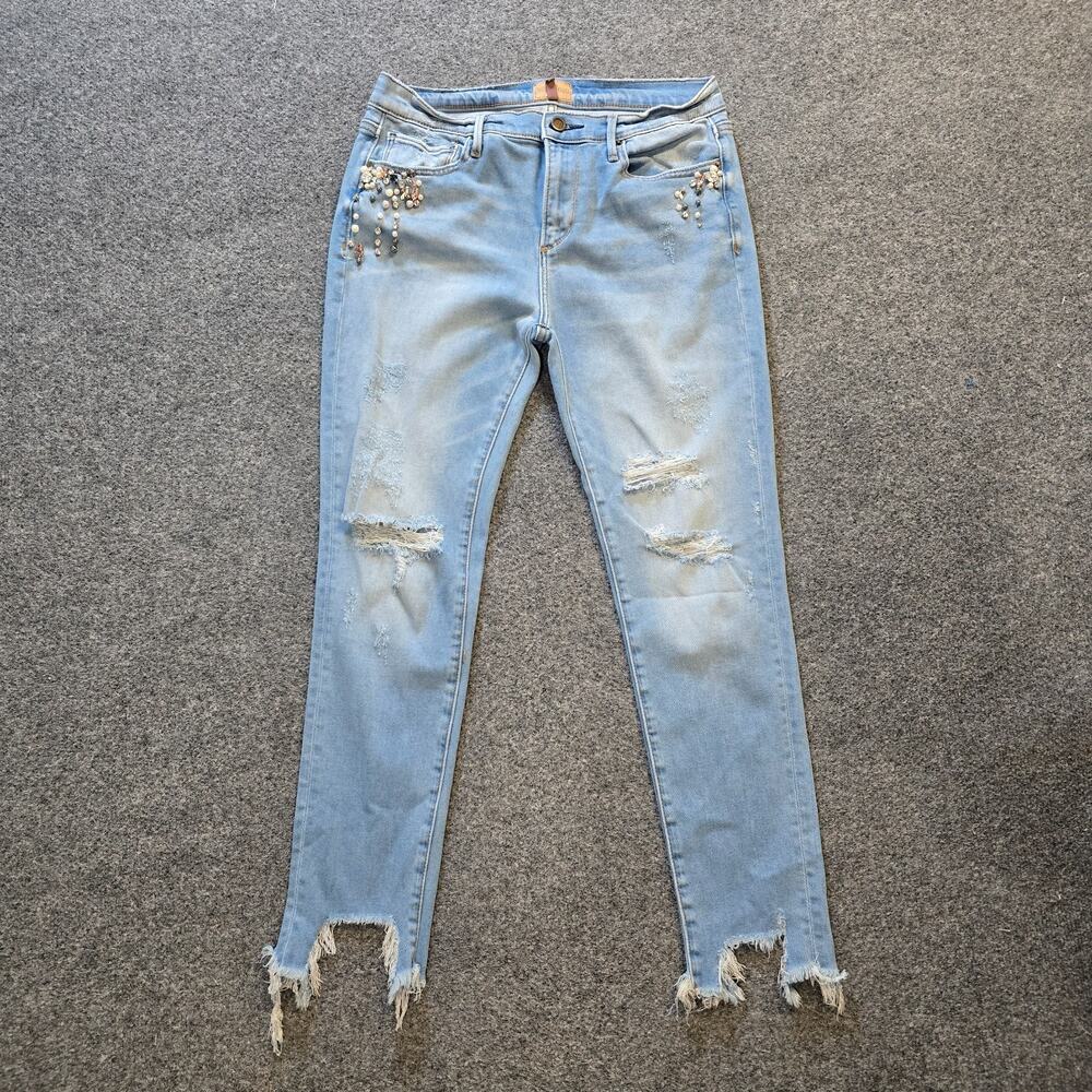 Driftwood Jeans Womens Size 29 Blue Rhinestones Pearls Distressed Jackie Skinny